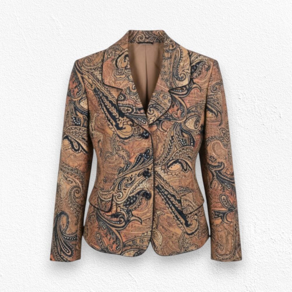 Y2K Vintage Le Suit Brown Black Paisley Statement Blazer Jacket Size 6 Petite